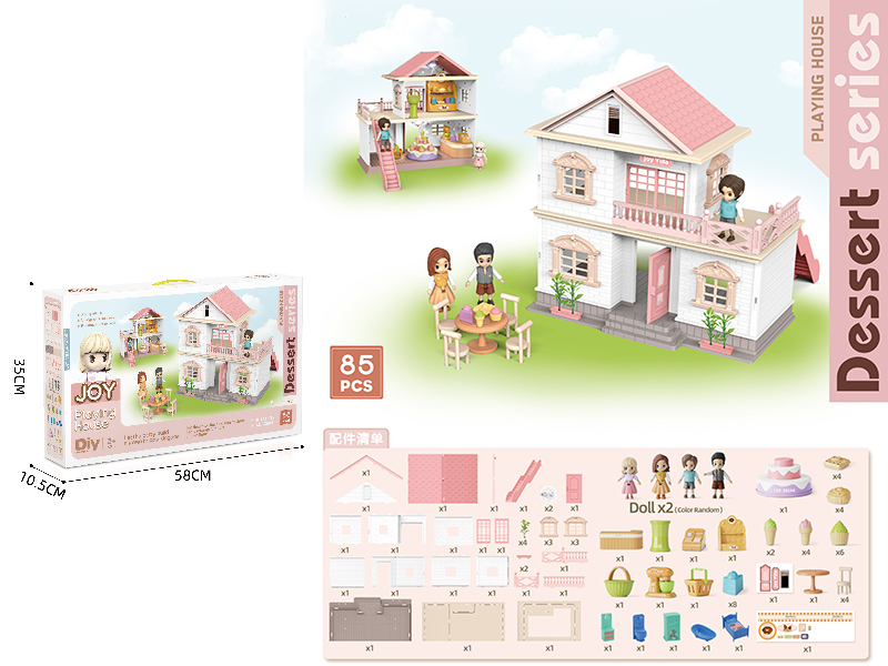 DIY Double-Storey Villa With Doll, Dessert Set(Colorful Lights)85pcs