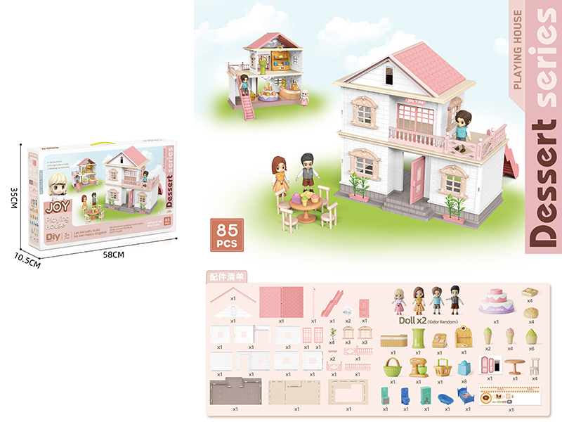 DIY Double-Storey Villa With Doll, Dessert Set(Colorful Lights)85PCS