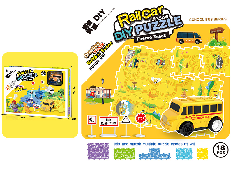 DIY School Bus Theme Puzzle Track Car(12PCS Track)