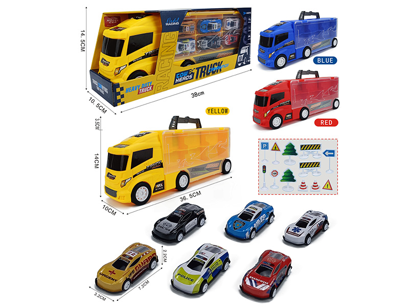 Slide Container Truck With 6 Pull Back Iron Police Cars + 12pcs Guidepost