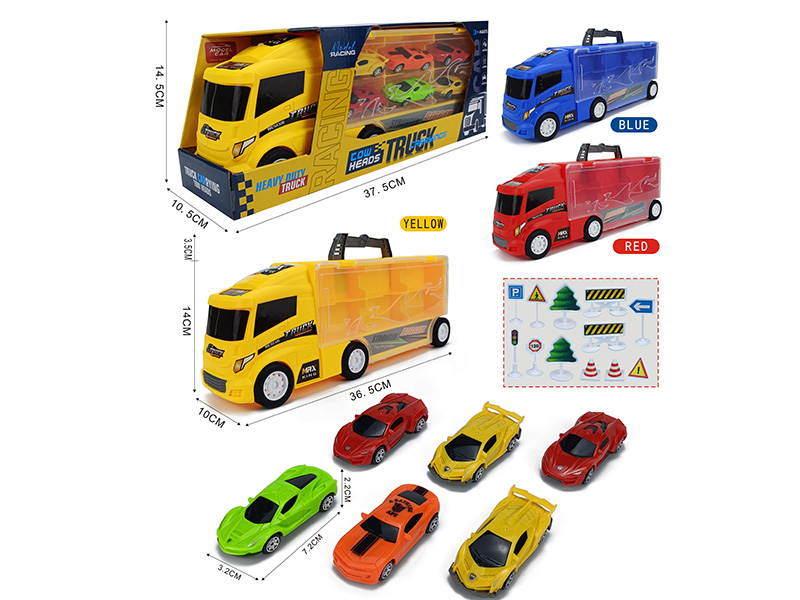 Slide Container Truck With 6 Slide AB Sports Cars + 12pcs Guidepost
