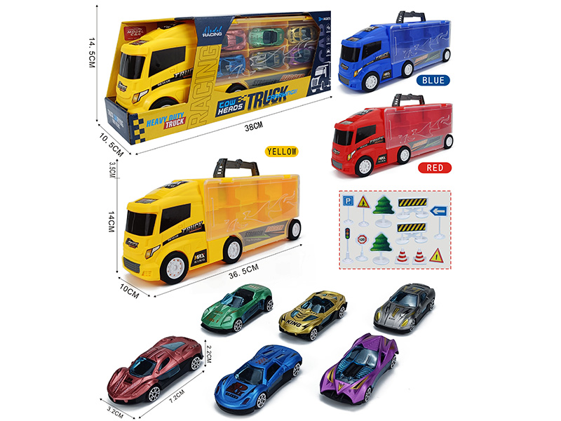 Slide Container Truck With 6 Slide AB Sports Cars + 12pcs Guidepost
