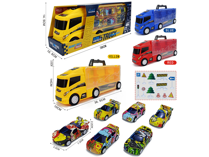 Slide Container Truck With 6 Pull Back AB Graffiti Cars + 12pcs Guidepost