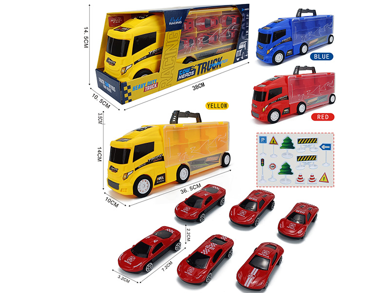 Slide Container Truck With 6 Slide Alloy Fire Engines + 12pcs Guidepost