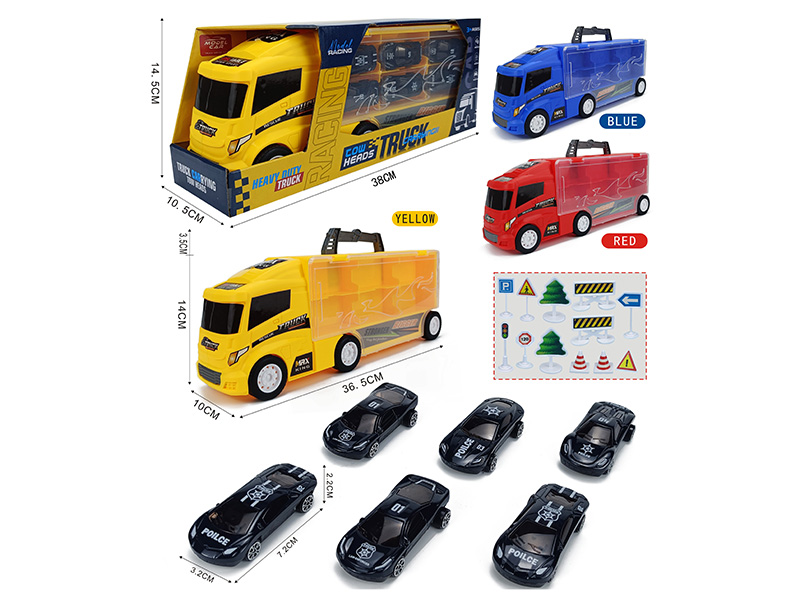 Slide Container Truck With 6 Slide Alloy Police Cars+12pcs Guidepost