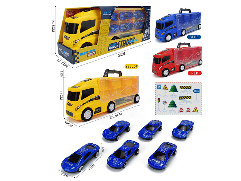 Slide Container Truck With 6 Slide Alloy Police Cars+12pcs Guidepost