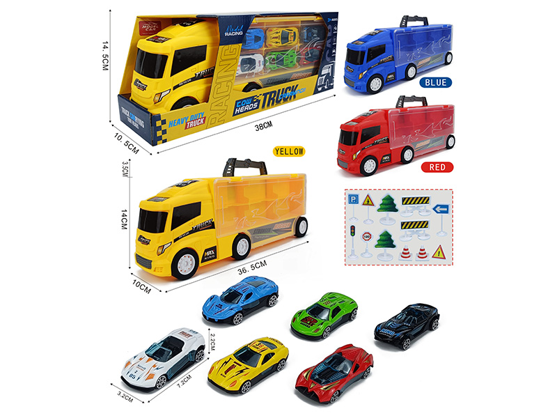 Slide Container Truck With 6 Slide Alloy Sports Cars + 12pcs Guidepost