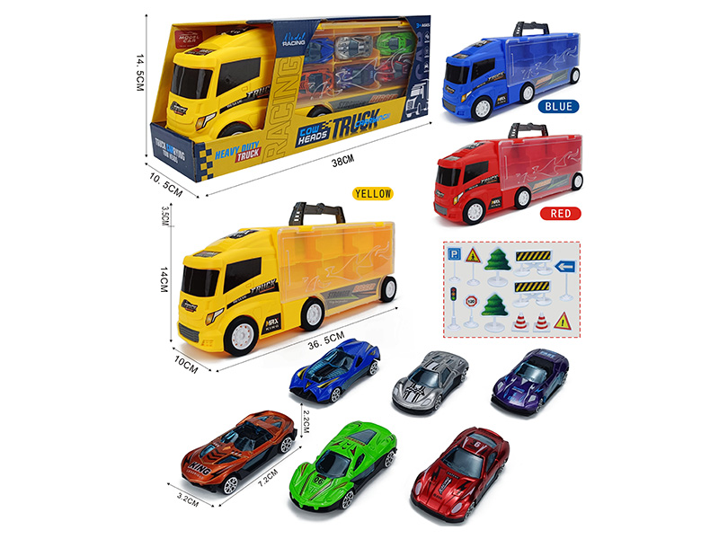 Slide Container Truck With 6 Slide Alloy Sports Cars + 12pcs Guidepost