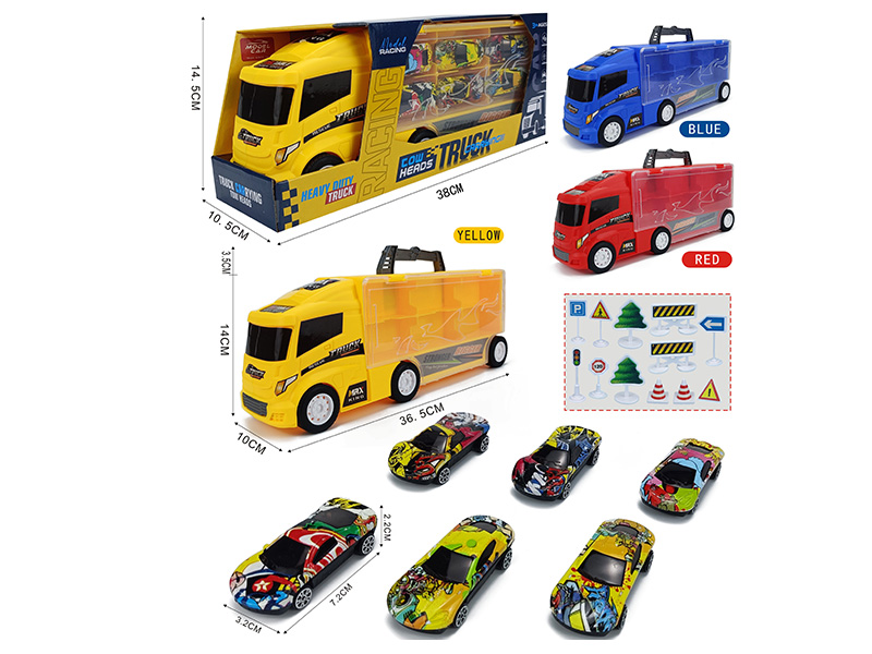 Slide Container Truck With 6 Slide Alloy Graffiti Cars + 12pcs Guidepost