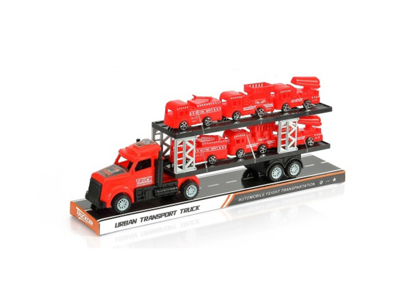 An Inertial American Tractor Truck Is Carrying Six Fire-Fighting Vehicles