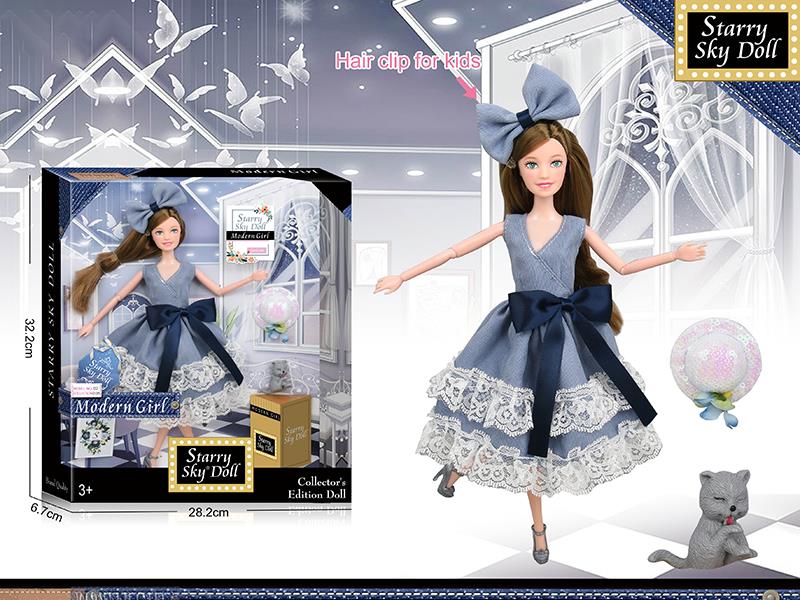 11.5 Inch 11-Joints Fashion Doll With Kids Hair Clip, Doll Hat, Cat