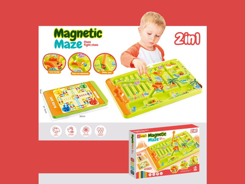 Children'S Dinosaur Forest Creative Magnetic Maze Ball Walking Challenge Toy + Flying Chess (2-In-1) (Magnetic + Flying Chess Version, Green)