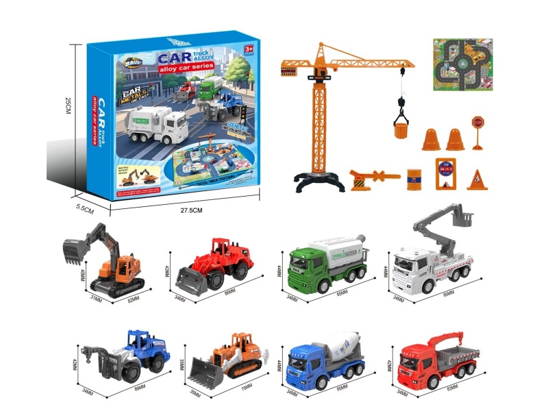 1:64 City Alloy Car Set A/8 Model (Crane Tower/Road Sign/Map)