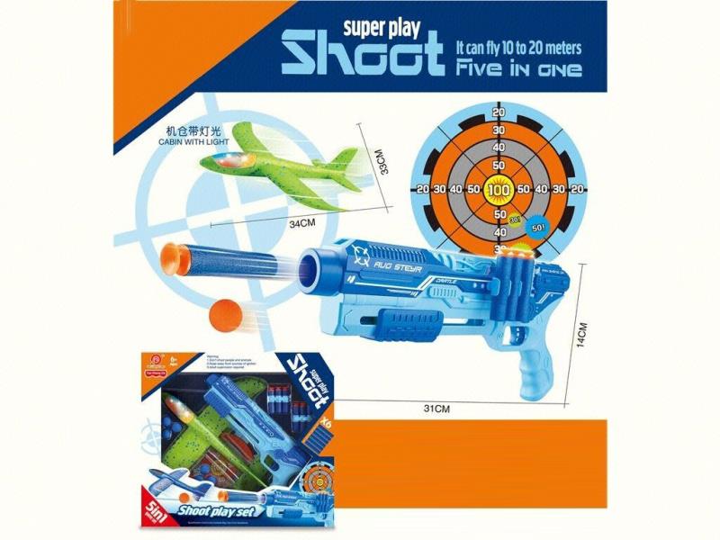 5-In-1 Multi-Functional Aircraft Gun (Blue + Green) Soft Ammunition X6, Eva Balls X6, Target X1, Aircraft (With Cabin Light And Whistle) X1, Gun X1, Instruction Manual X1