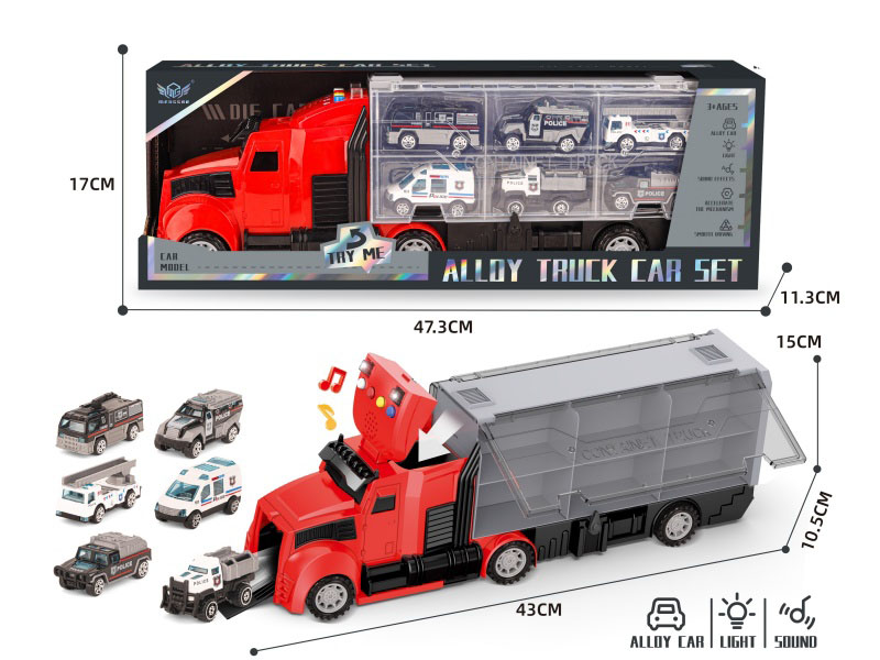 Fire-Fighting Long-Nose Container Truck + Police Car Series Alloy Vehicle