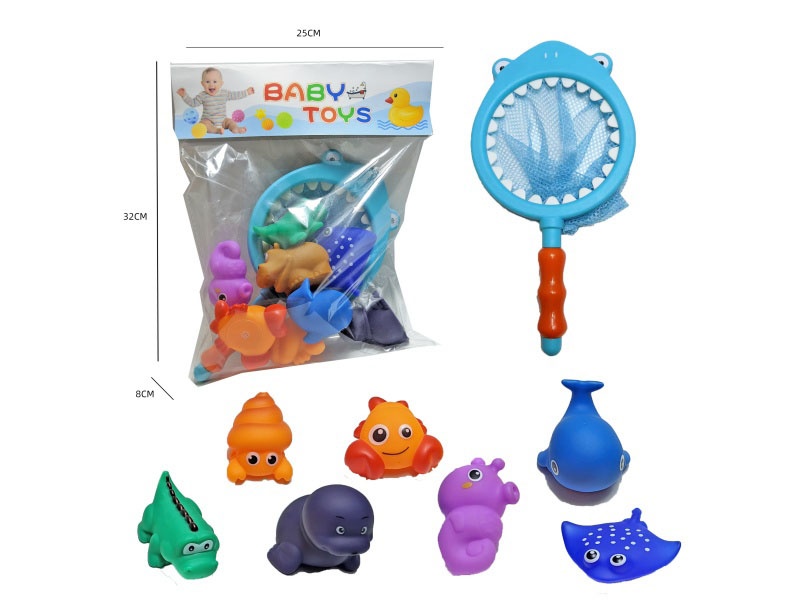 Shark Fishing Net + Soft Rubber Ocean Set (9-Piece Set) Cross-Border Bathroom Fish Fishing Toys, Bathing Toys, Fish Fishing And Bathing Toys, Water Play Children'S Rubber Animal Toys