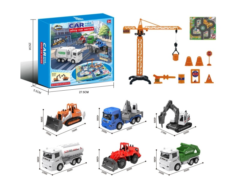 1:64 City Alloy Car Set A/6 Model (Crane Tower/Road Sign/Map)
