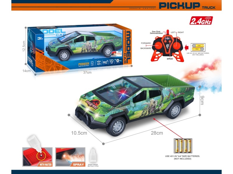 40Mhz 1:14 Six-Channel Tesla Cybertruck Remote Control With Spray Lights, One-Click Demonstration, Bright Window Seat Uv3D Printed Dinosaur Elements (Battery Not Included)