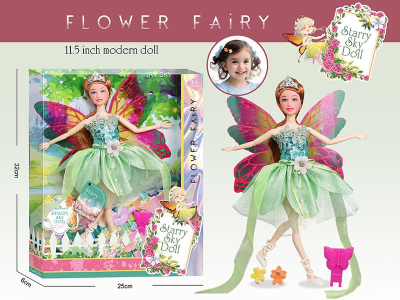 11.5 Inch 11-Joints Flower Fairy Doll With PVC Wings, 2 Hair Clips