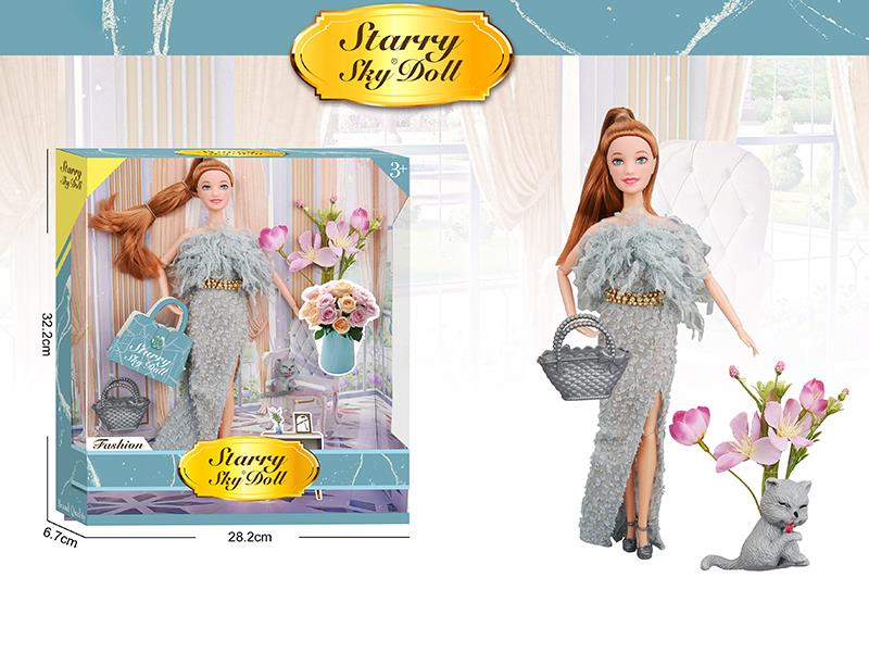 11.5 Inch 11-Joints Fashion Doll With Simulated Bouquet, Handbag, Cat