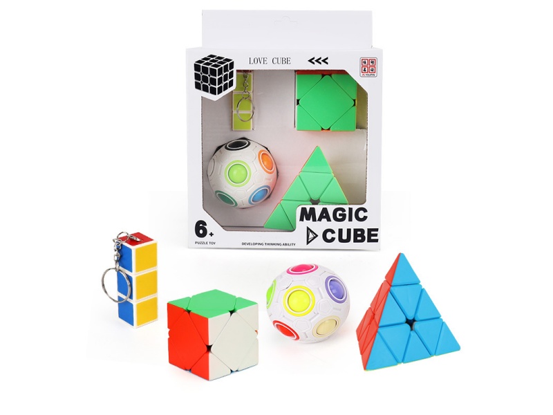 The First-Order Rubik'S Cube With Keychain (Uv Printed) + Diagonal Rotating Rubik'S Cube (Solid Color) + White Rainbow Ball + Third-Order Pyramid (Solid Color)