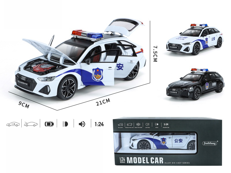 1:24 Audi RS6 Chinese Police Car Pull Back Alloy Six-Door Car Model With Sound And Light