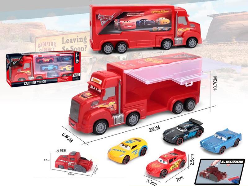 Friction Cars Storage Carrier Truck + 4pcs Slide Alloy Cars + Launcher