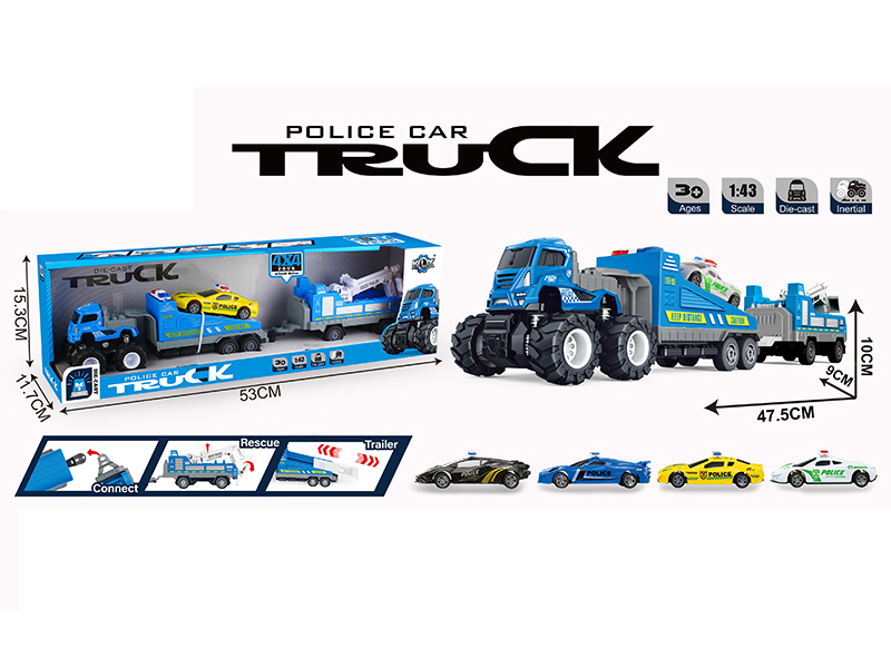 4WD Friction Alloy Double Trailer With Pull Back Police Car