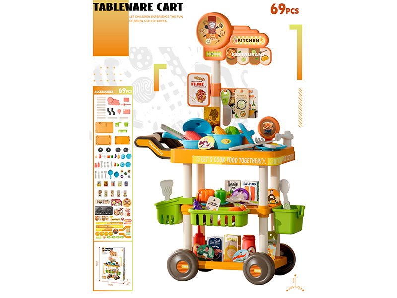 Tableware Cart Play House Toys 69pcs
