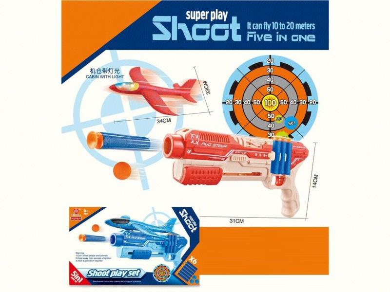 5-In-1 Multi-Functional Aircraft Gun (Bright Red + Pink) Soft Projectile X6, Eva Ball X6, Target X1, Aircraft (Cabin With Light And Whistle) X1, Gun X1, Instruction Manual X1