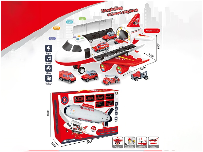 Fire Storage Aircraft With Lights, Music And 6 Cars