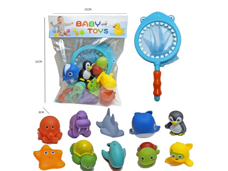 Shark Fishing Net + Soft Rubber Double-Color-Changing Ocean Set (11-Piece Set) Cross-Border Bathroom Fish Fishing Toys, Bathing Toys, Fish Fishing And Bathing Toys, Water Play Children'S Rubber Animal