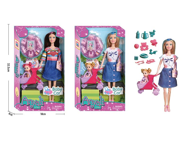 Jointed Doll With Baby Car Set