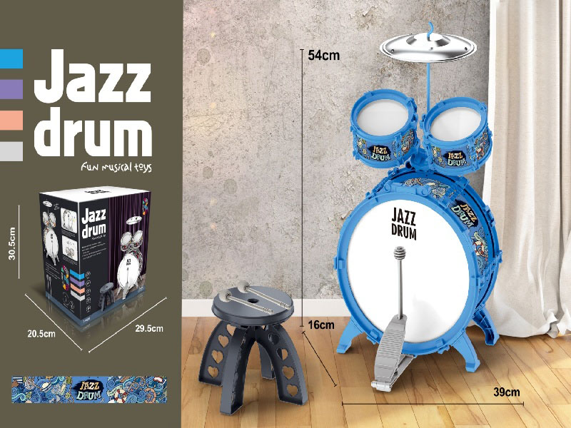 3 Drums, 1 Cymbal, Blue Ring, Blue Collar + Stool