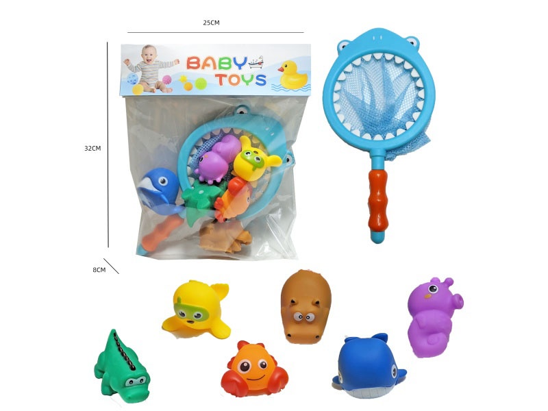 Shark Fishing Net + Soft Rubber Ocean Set (7-Piece Set) Cross-Border Bathroom Fish Fishing Toys, Bathing Toys, Fish Fishing And Bathing Toys, Water Play Children'S Rubber Animal Toys