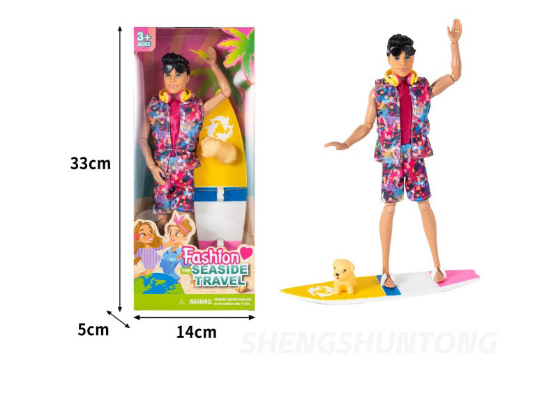 12-Inch Real 11-Joint Male Doll Prince With Surfboard Pet Dog Glasses And Headphones