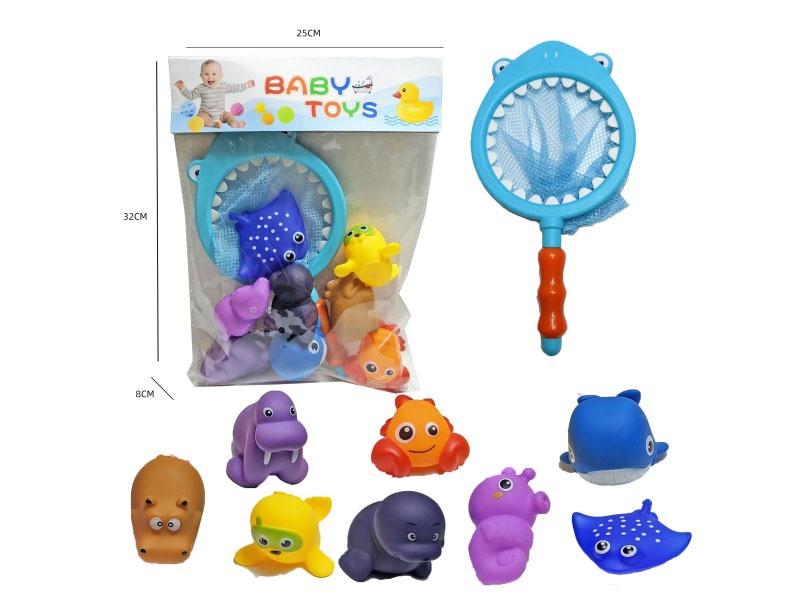 Shark Fishing Net + Soft Rubber Ocean Set (9-Piece Set) Cross-Border Bathroom Fish Fishing Toys, Bathing Toys, Fish Fishing And Bathing Toys, Water Play Children'S Rubber Animal Toys