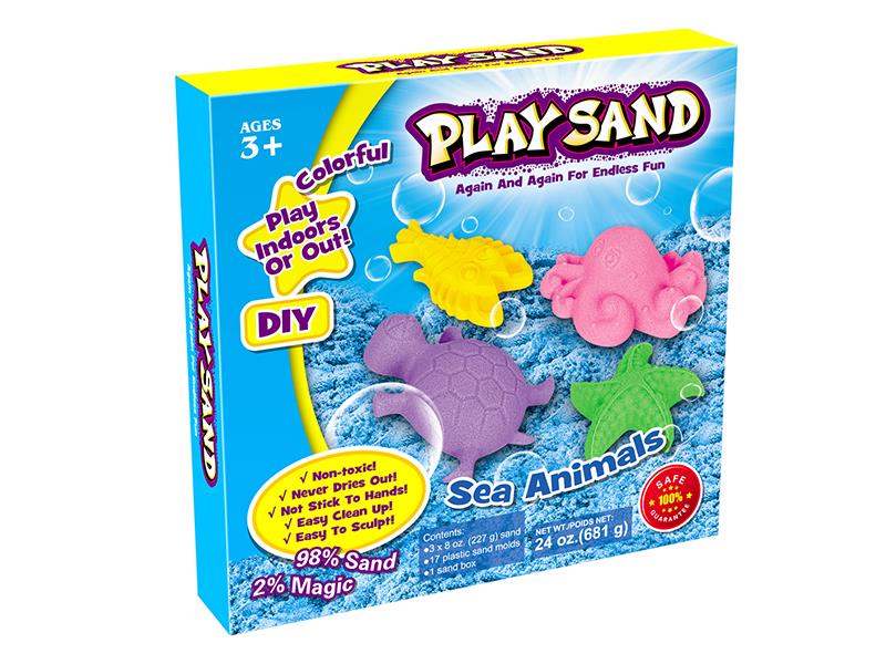 Space Soil Sea Animal Play Set(681g Sand/3 Colors + Tray + Sea Animal Accessorie Tools)
