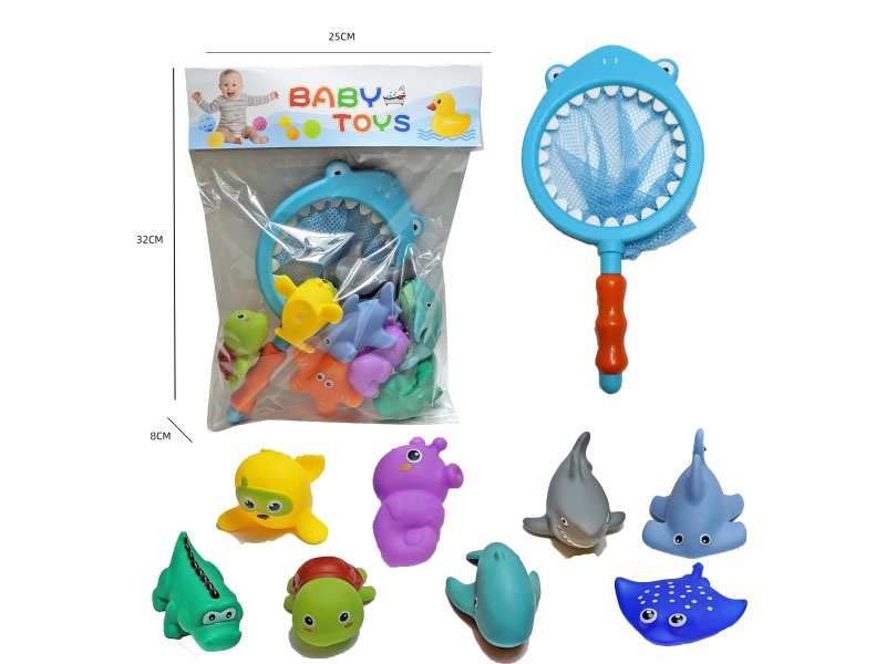 Shark Fishing Net + Soft Rubber Ocean Set (9-Piece Set) Cross-Border Bathroom Fish Fishing Toys, Bathing Toys, Fish Fishing And Bathing Toys, Water Play Children'S Rubber Animal Toys