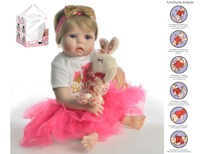 56Cm Rebirth Doll High-Fidelity Baby Doll (Wig) With A Bottle, Magnetic Pacifier, Diaper, Birth Card, Plush Rabbit, And Gravity Sensing Sound Function