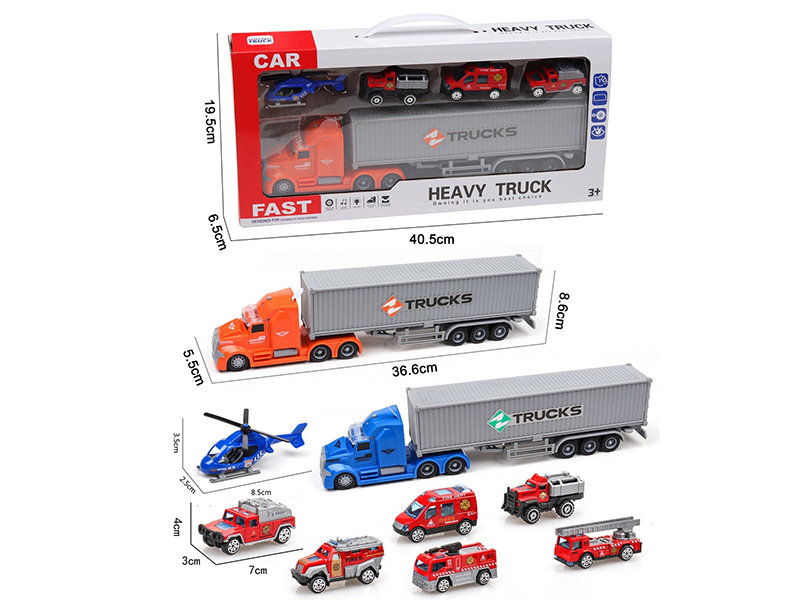 Friction Container Car With Sound And Light + 1 Helicopter + 3 Slide Alloy Fire Engines