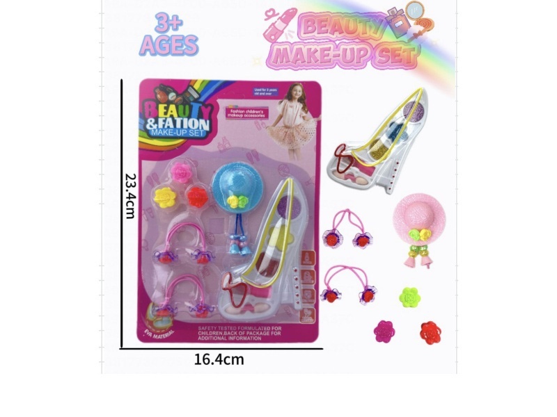 High heels, makeup, accessories and toys come with 3 clips +2 rubber bands +1 cap flower