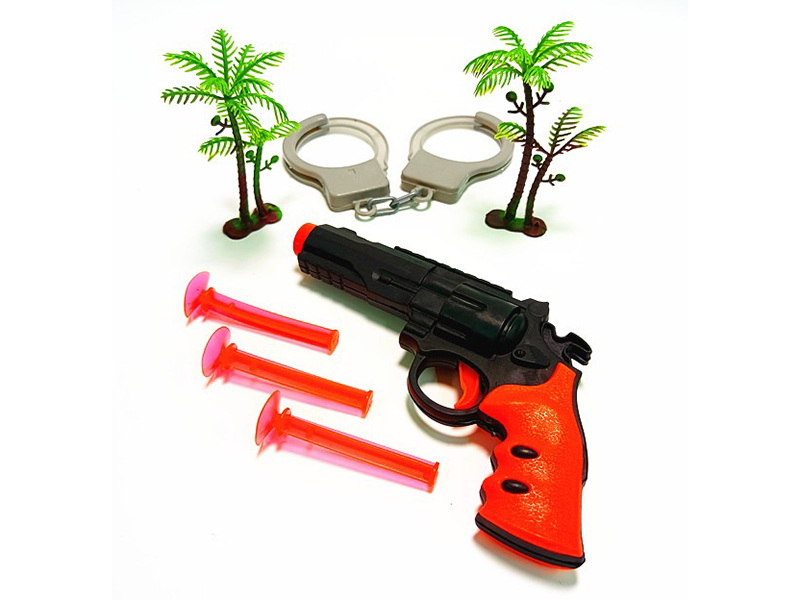 One Soft Revolver With Three Rounds, One Handcuff, Two Coconut Palms