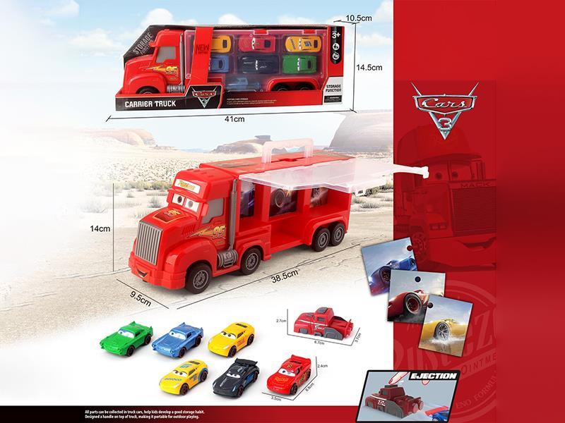 Friction Cars Storage Carrier Truck + 6 Slide Alloy Cars + Launcher