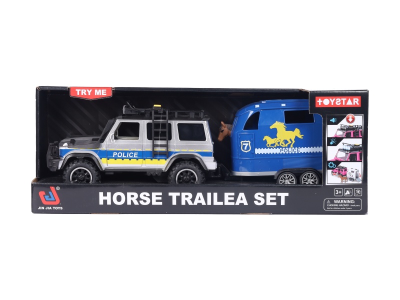 1:14 Police Off-Road Vehicle + Trailer + Horse (Functions: Inertia, Sound, Light, Door Opening)