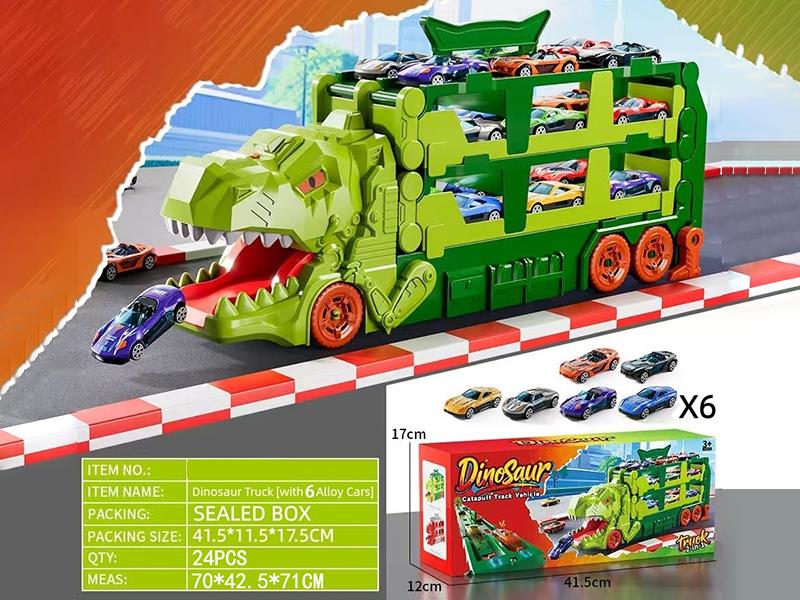 Dinosaur Catapult Track Car + 6 Alloy Cars