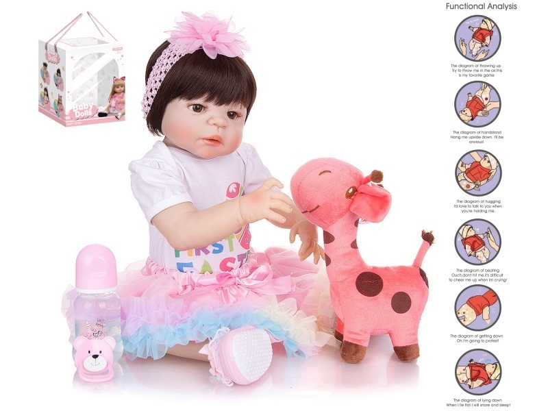 56Cm Rebirth Doll High-Fidelity Baby Doll (Wig) With A Bottle, Magnetic Pacifier, Diaper, Birth Card, Giraffe, And Gravity Sensing Voice Function