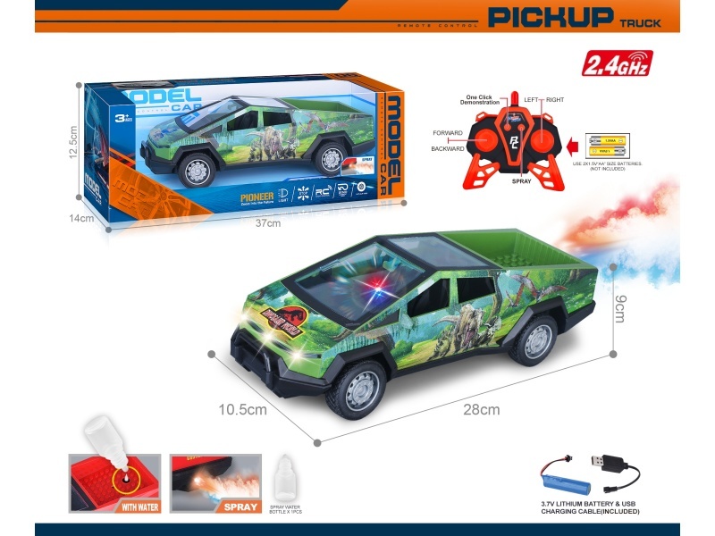 40Mhz 1:14 Six-Channel Tesla Cybertruck Remote Control With Spray Light, One-Click Demonstration, Bright Window Seat Uv3D Printed Dinosaur Element (Including Battery)