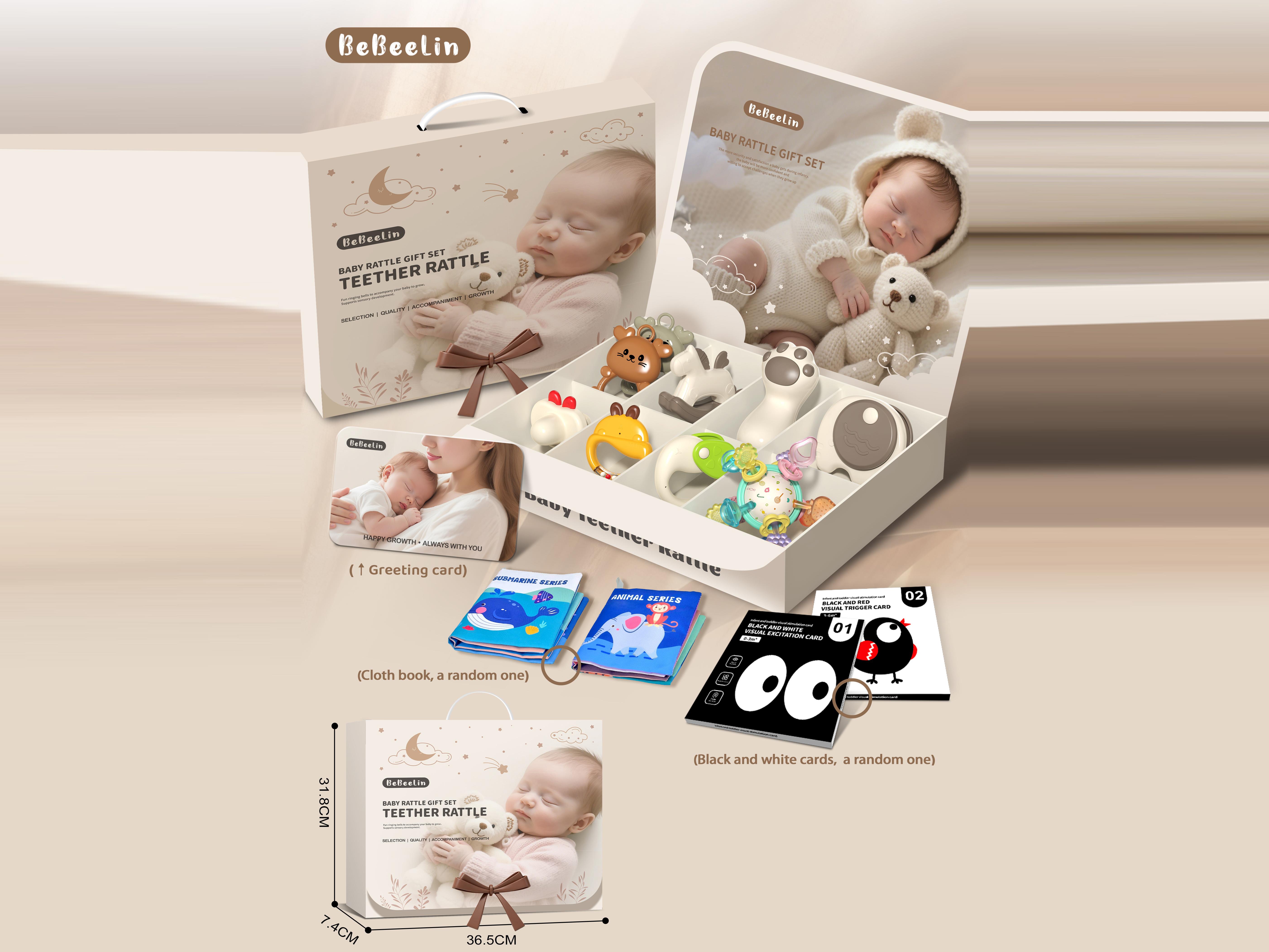 Baby Comfort Rattle Toy Gift Box Set + Manhattan Ball + Boiling Rattle + Cloth Book + Baby Chase Card (10Pcs) With A Greeting Card