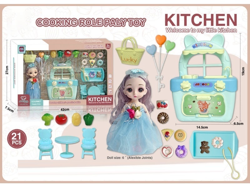 6-Inch Girl Doll + Play House Kitchen Utensils, Stove, Table, Chair And Dessert Set (Blue)